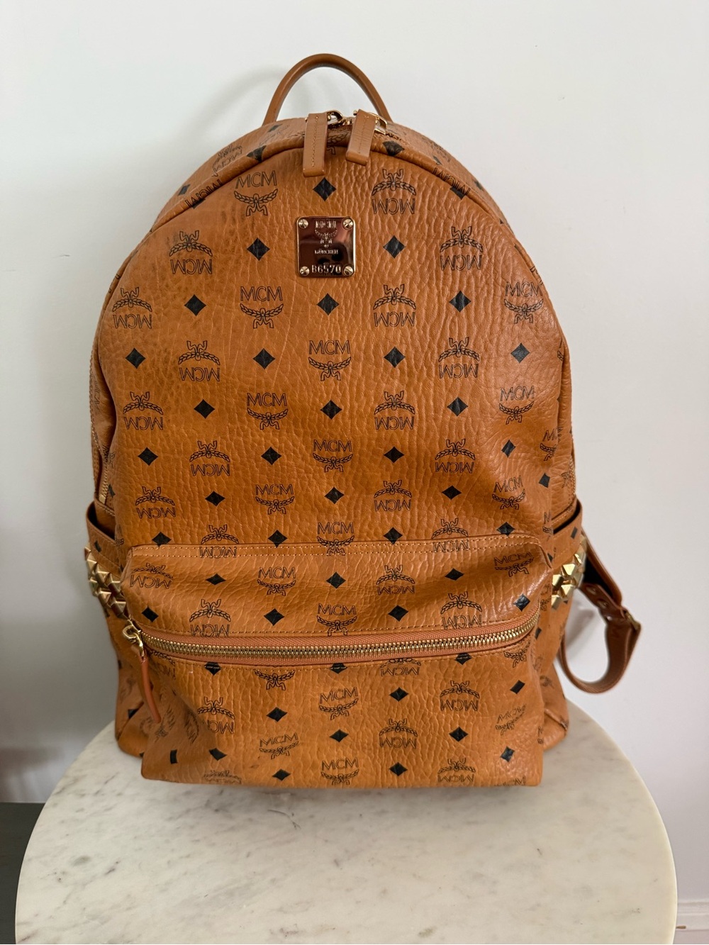 MCM Cognac Viestos Medium-Size Backpack with Monogram Side Studded Stark